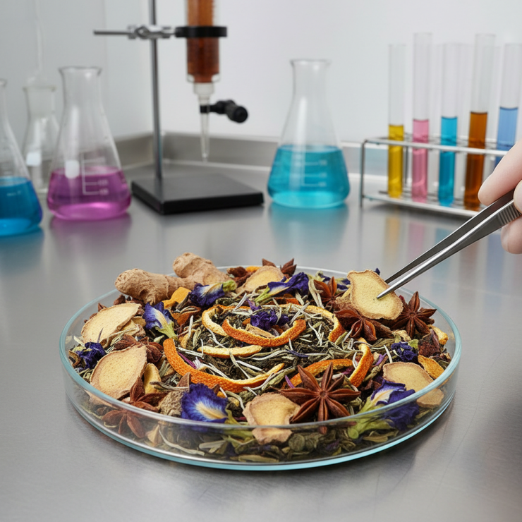 Dried herbs and spices in a petri dish being examined with tweezers in a laboratory